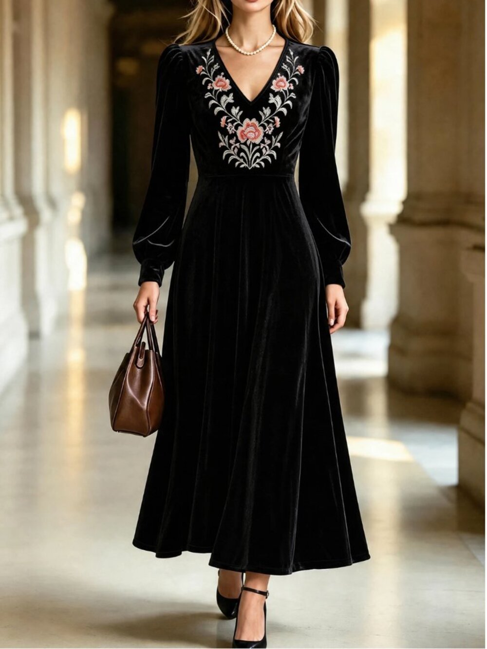 Black Velvet Long Sleeve Floral Embroidery Midi Maxi Cocktail Dress